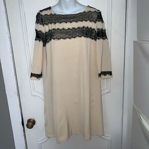 JOVONNA LONDON Beige Shift Dress w Black Lace-12